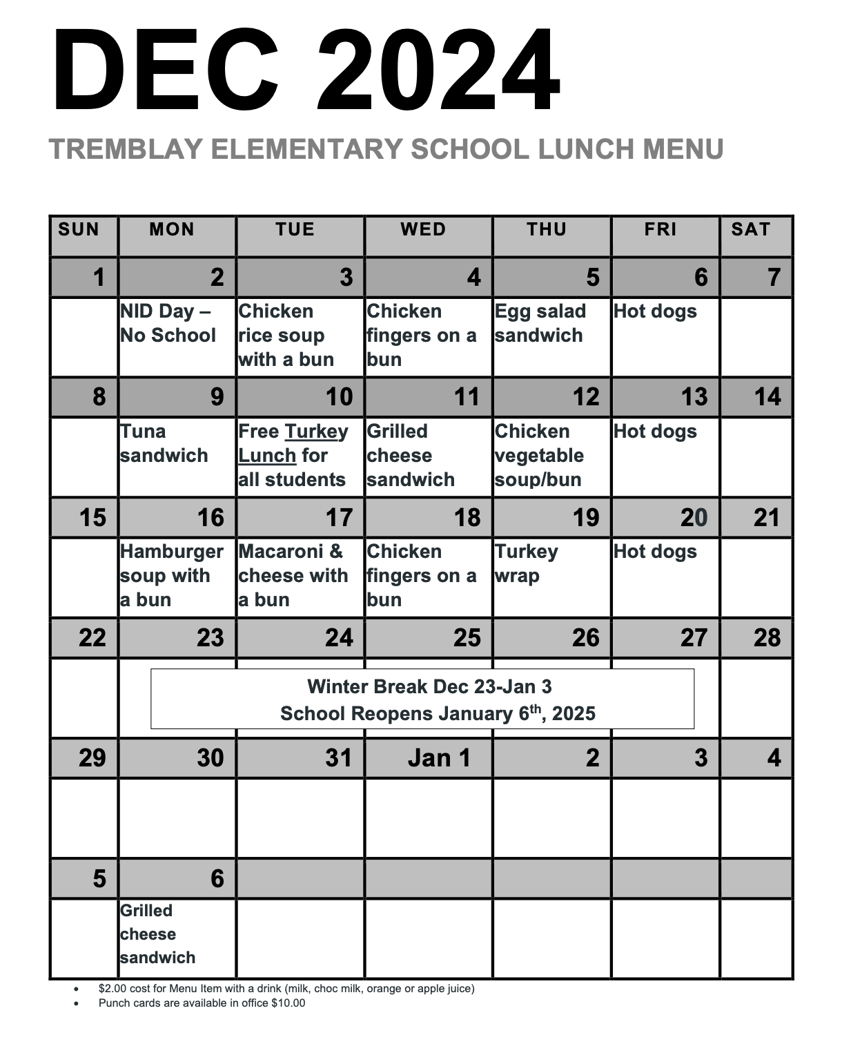 December Lunch Menu