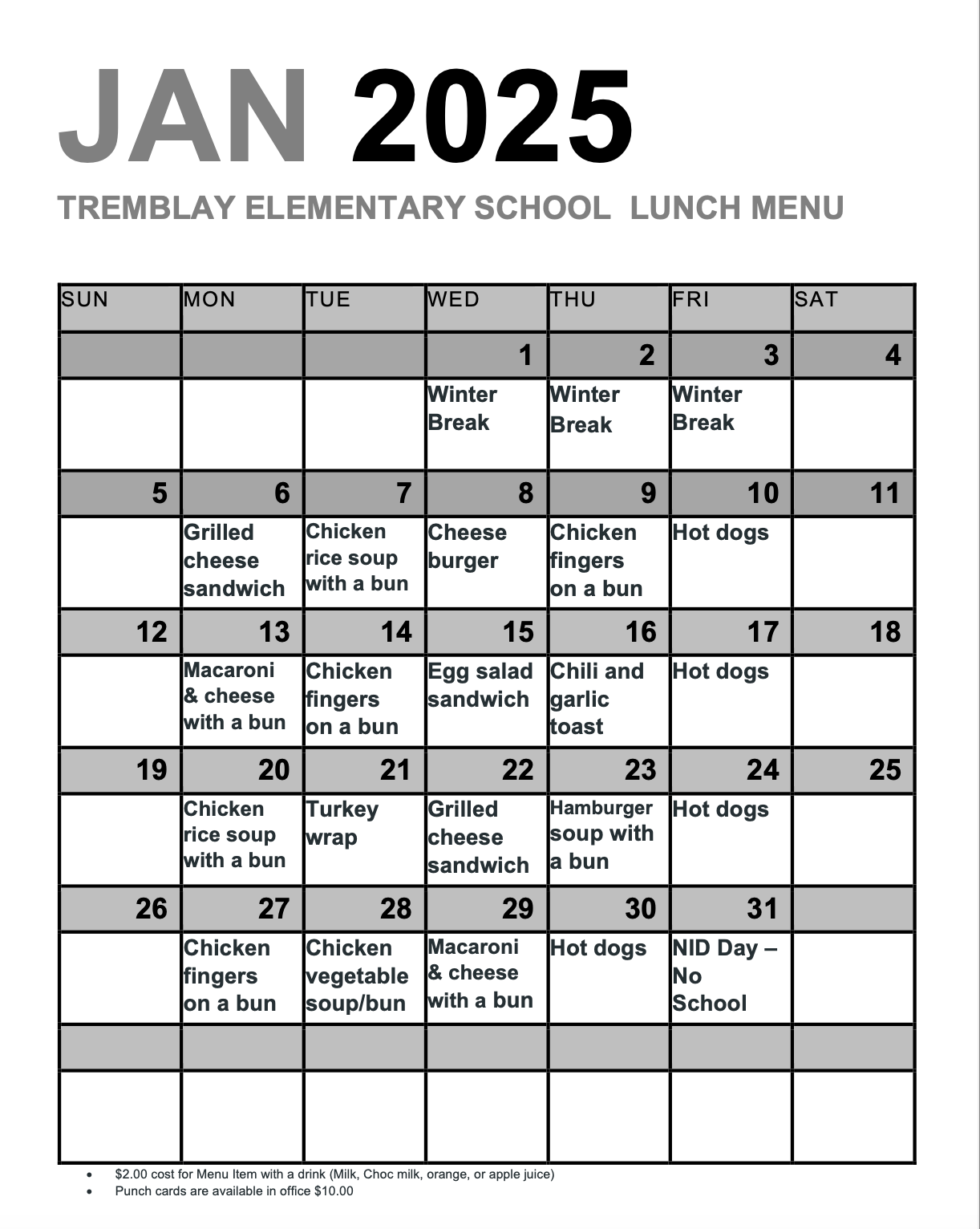 January 2025 Menu