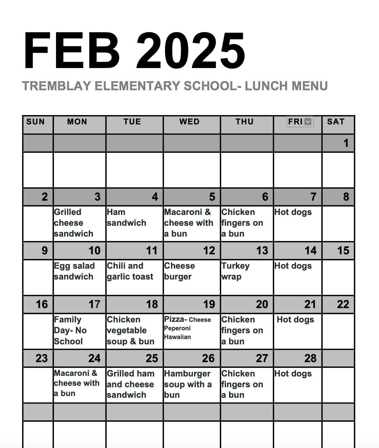 Feb. Lunch Menu