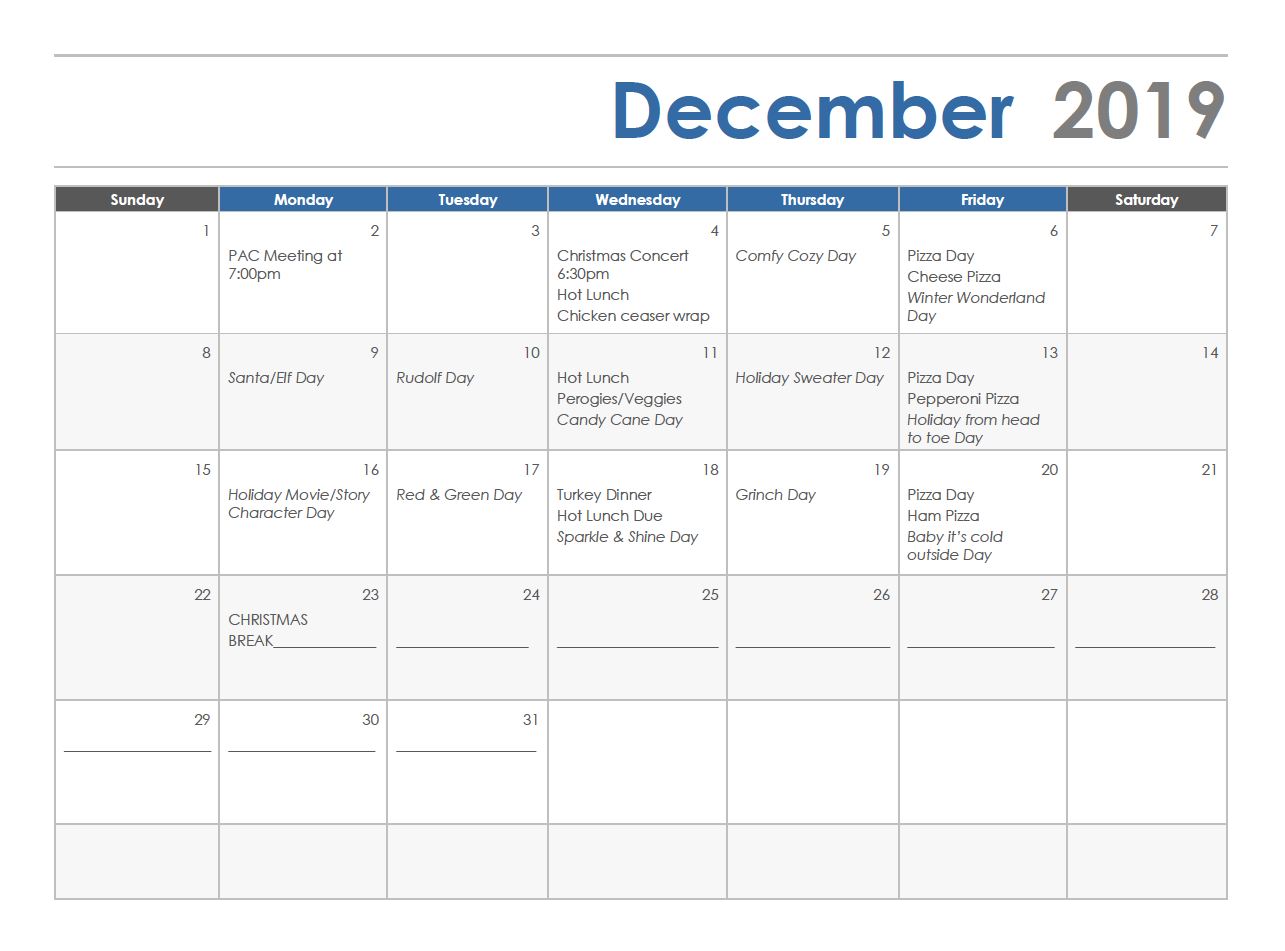 December Calendar School District 59